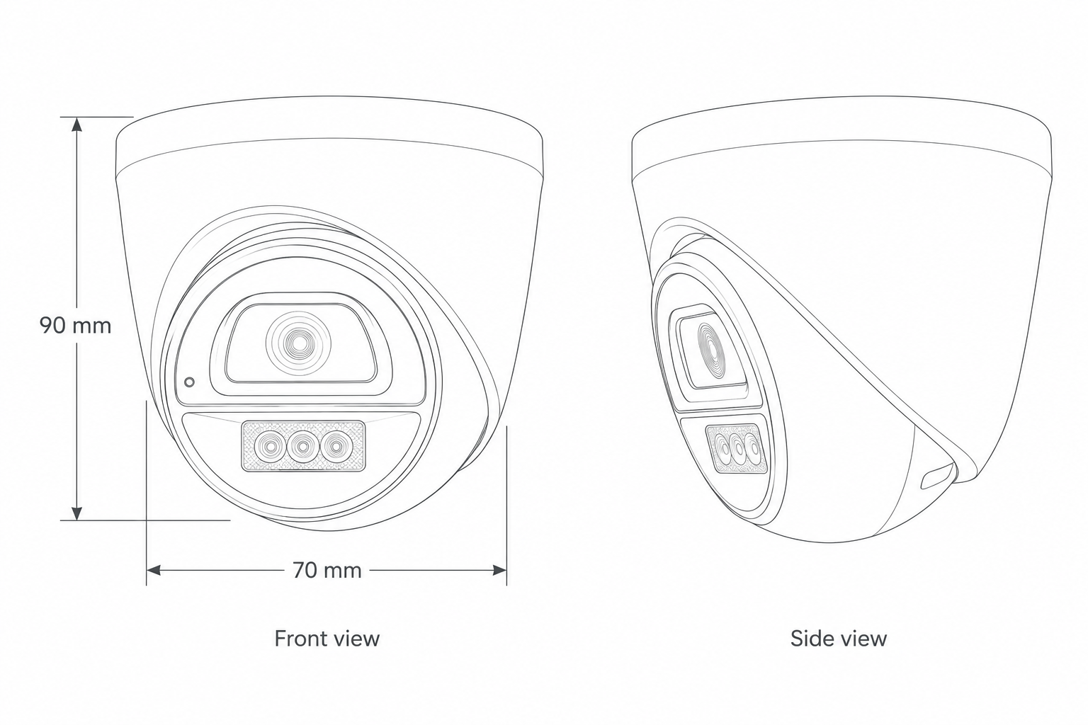 Front and side line drawings of the dome camera: 90 mm high and 70 mm wide