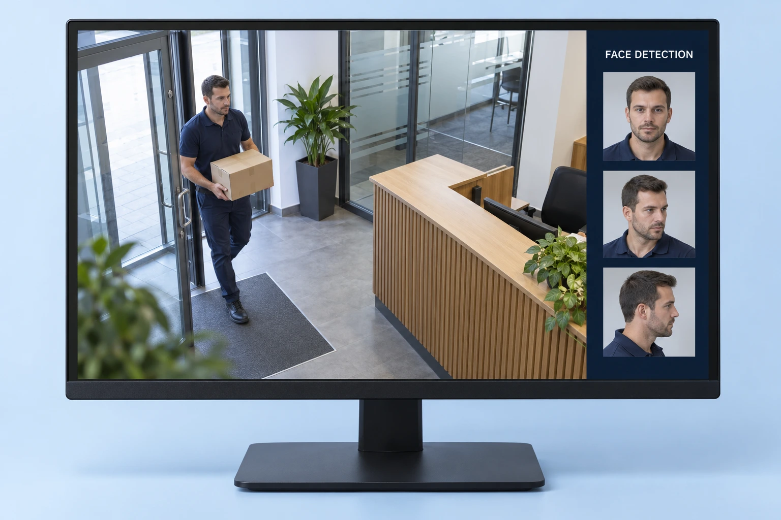 Illustrative indoor reception live view with three different angles of the same visitor in the face detection rail