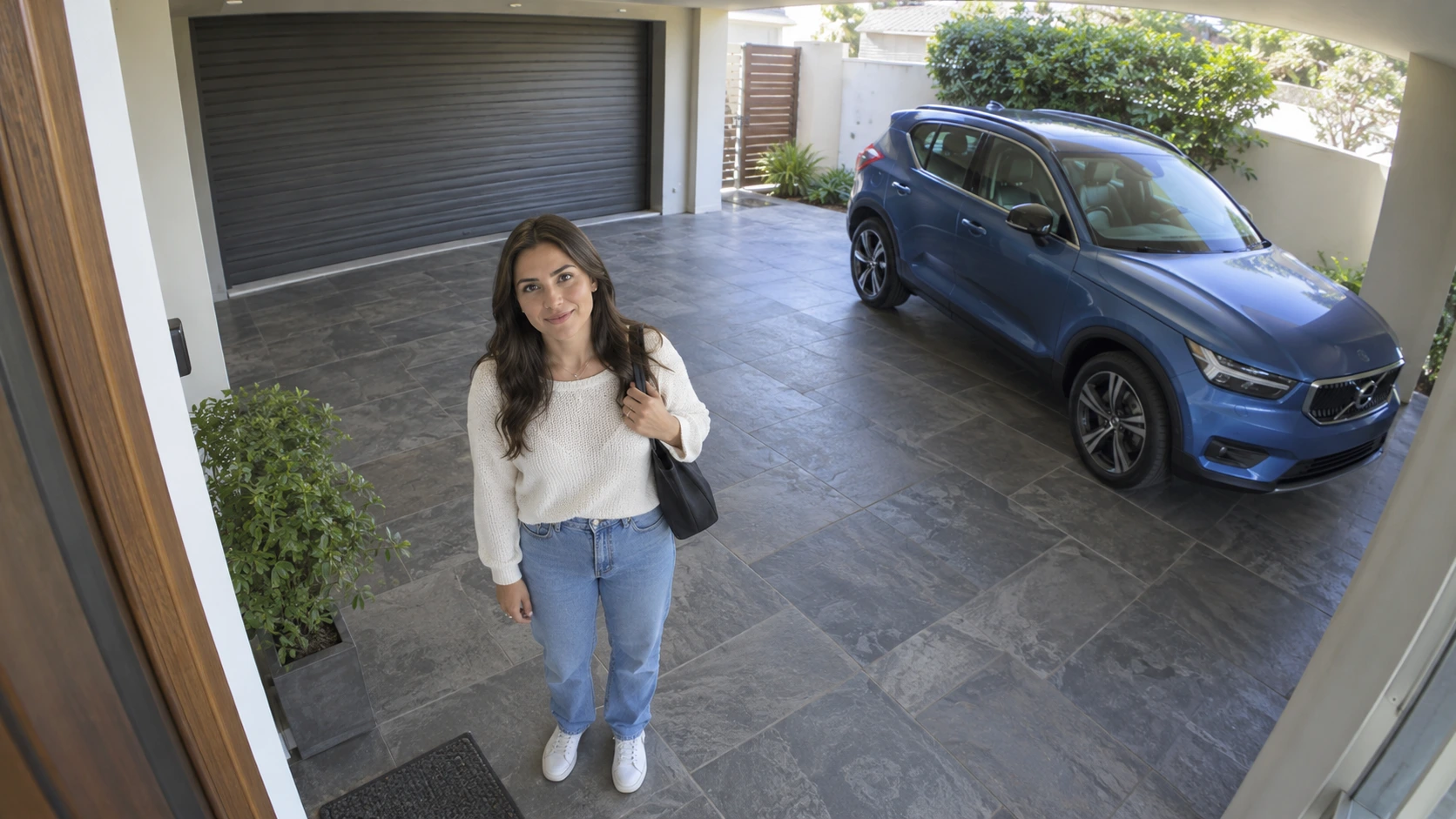 Wide camera view from above the main door showing a visitor, parked car highlighted by a red boundary, and closed lock-up garage door