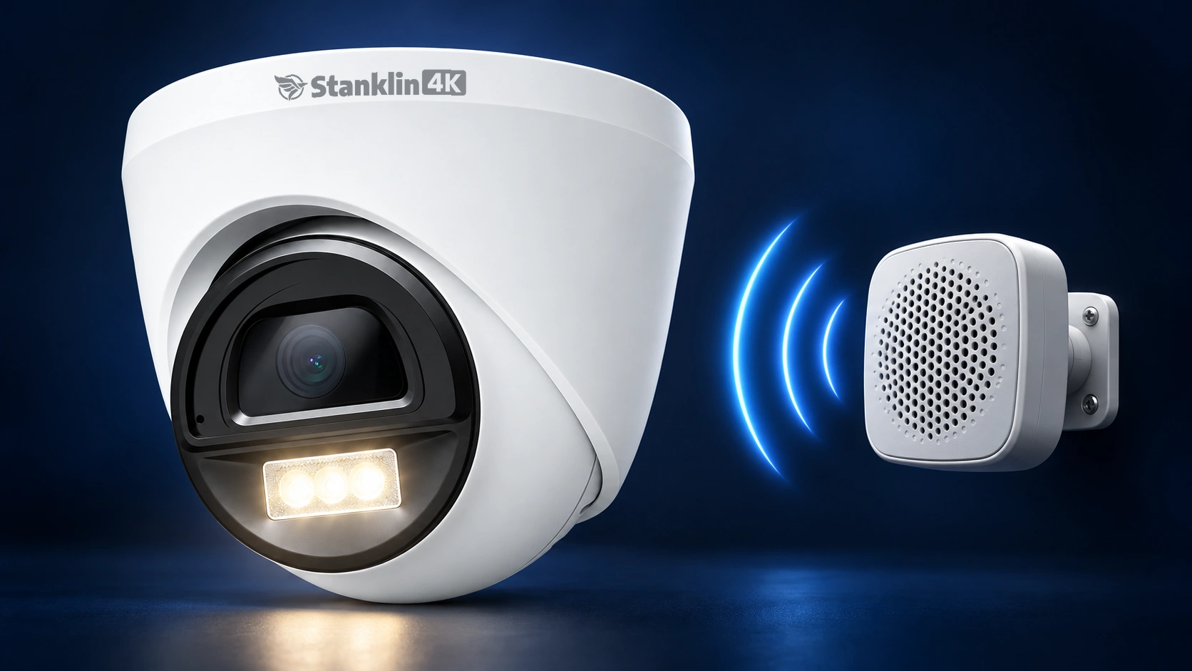 4K dome camera with glowing warning lights and a separate external loudspeaker emitting blue sound waves