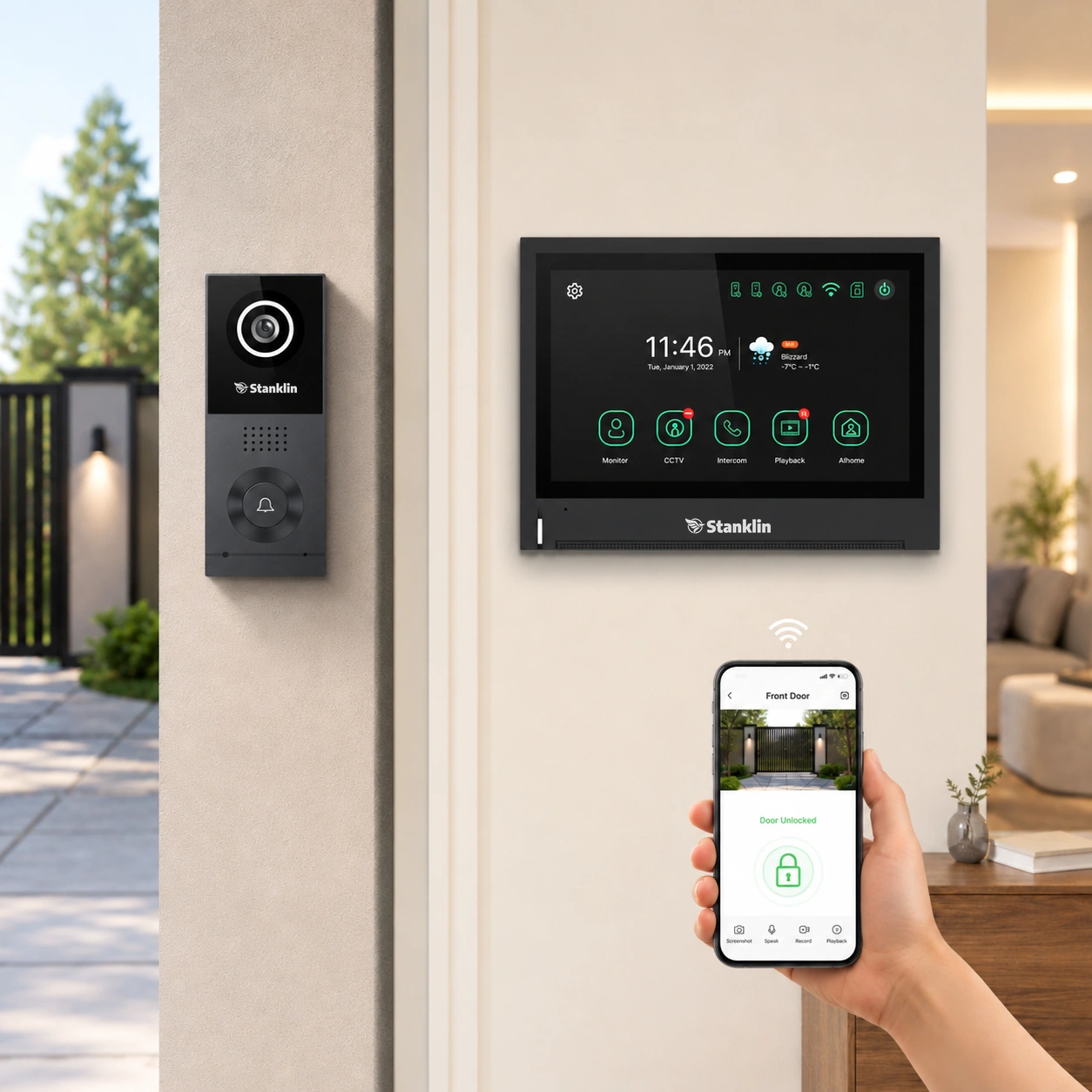 Stanklin indoor monitor and outdoor panel with mobile door unlocking