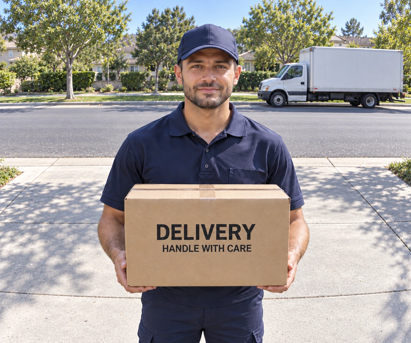 Doorbell camera view looking outward at a delivery visitor holding a parcel, with the road and a parked delivery truck directly behind him