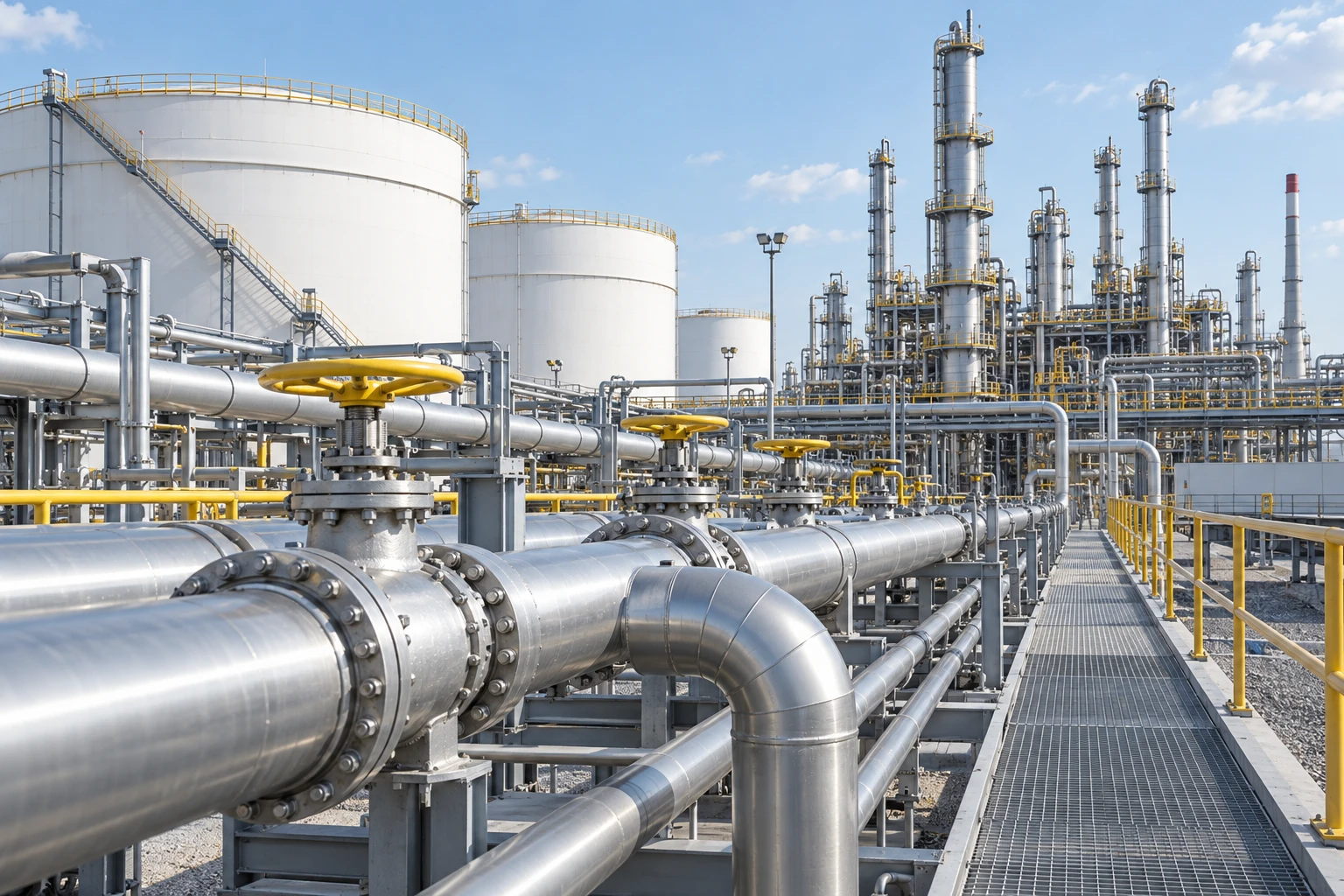 Daylight view of refinery pipework, valves and storage tanks