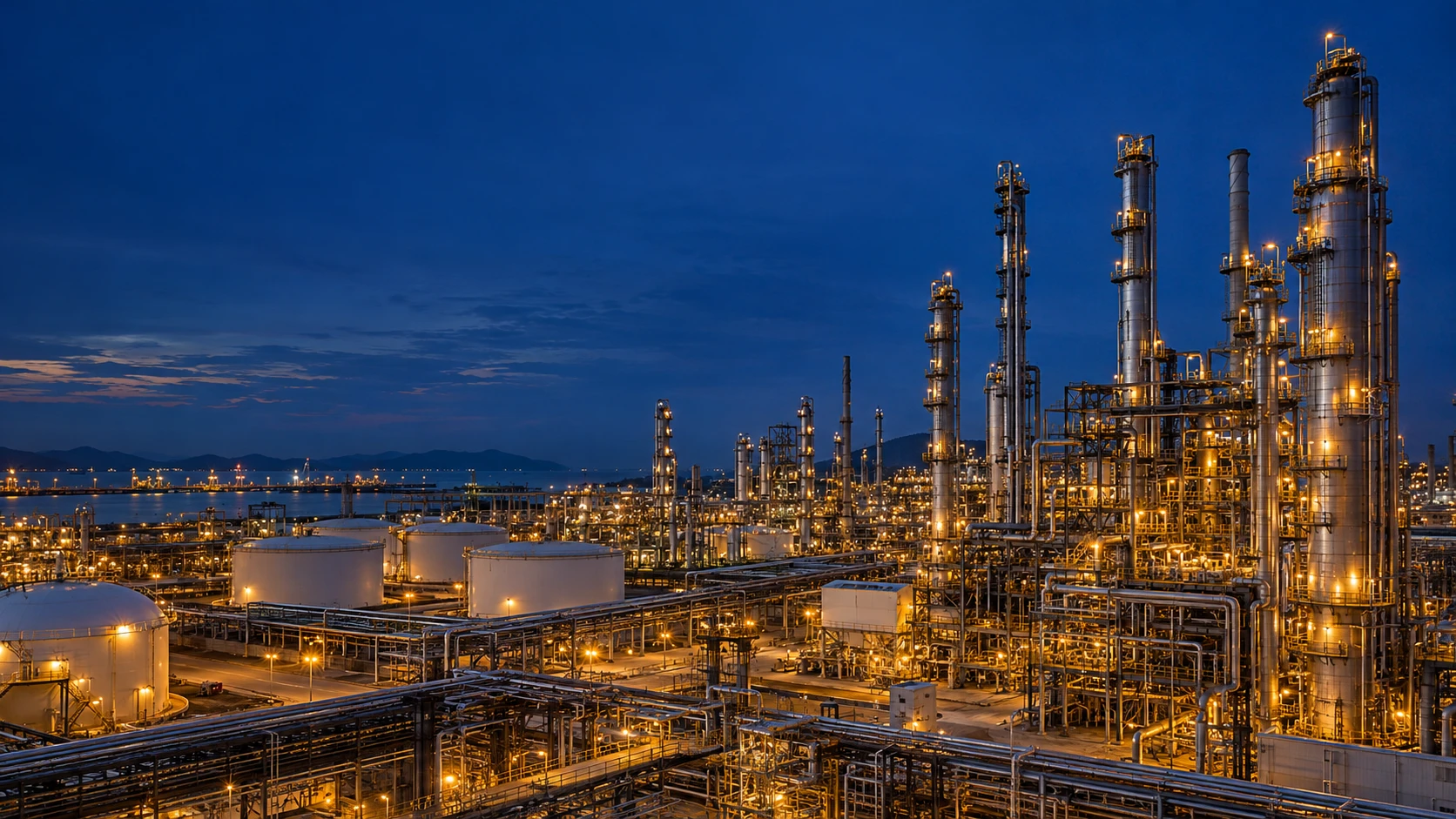 Oil refinery towers and pipelines illuminated at dusk