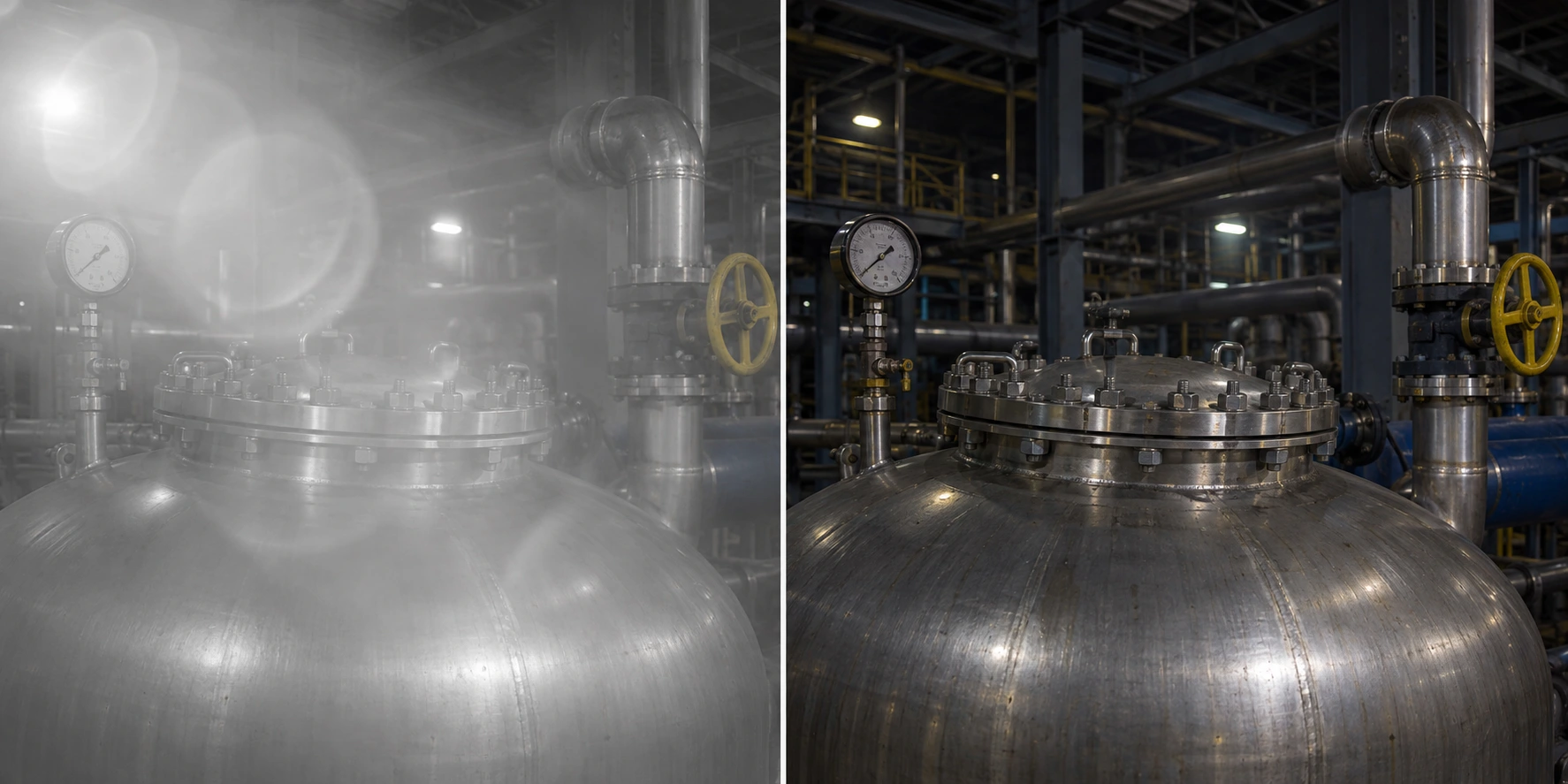 Illustration of the same indoor refinery vessel: hazy monochrome IR-reflection view on the left and clearer low-light color view on the right