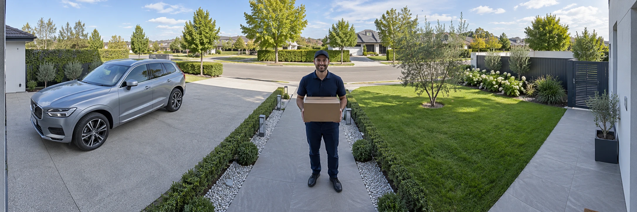 Illustrative panoramic view showing a driveway, delivery visitor and garden gate