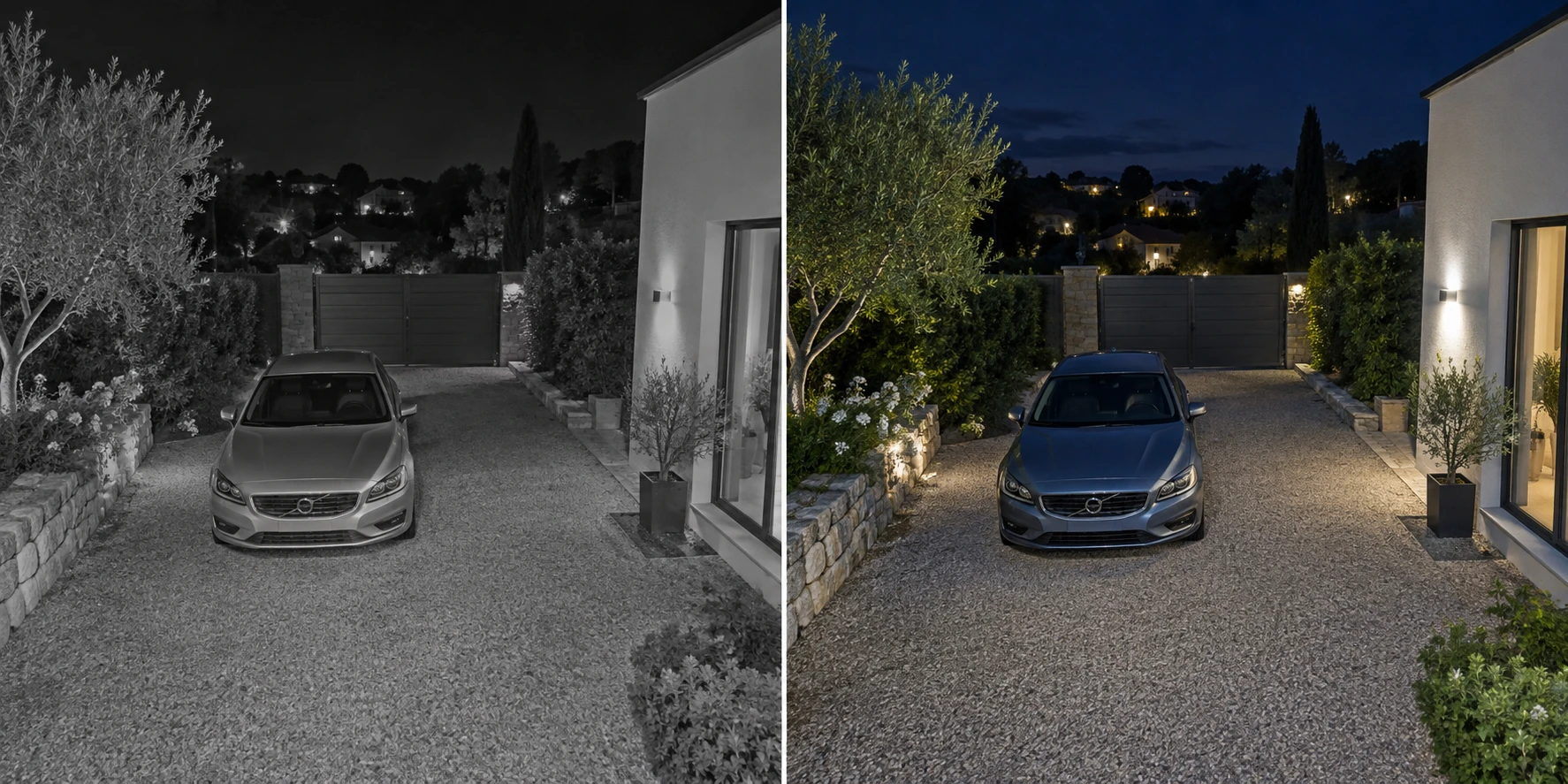 Illustration comparing monochrome infrared and white-light color night vision