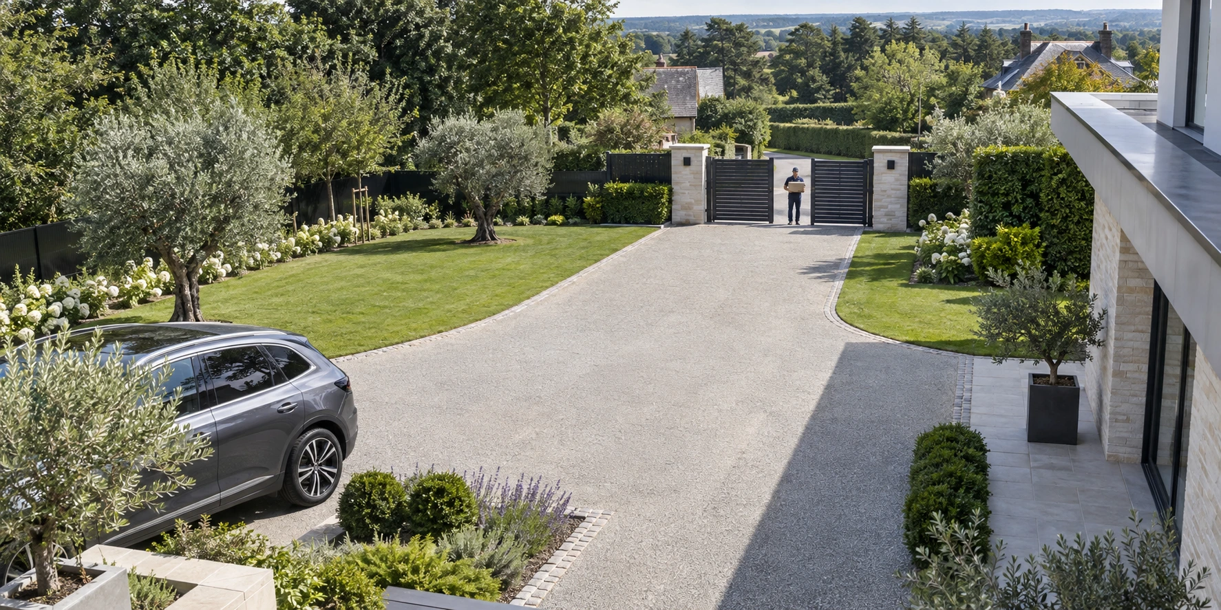 Wide surveillance view of a modern property with a visitor at the entrance