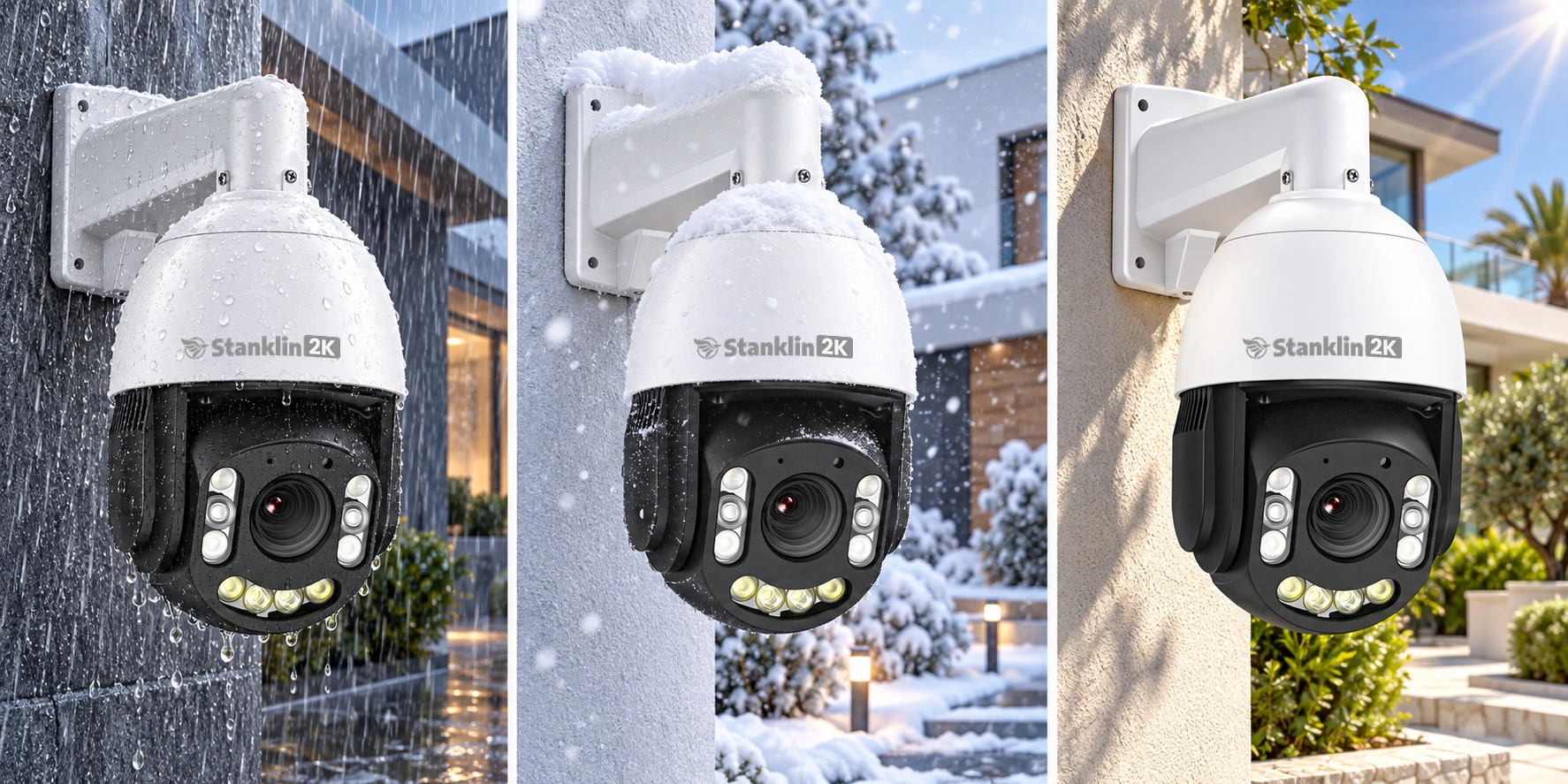 Stanklin PTZ camera illustrated in rain, snow and sunny hot weather