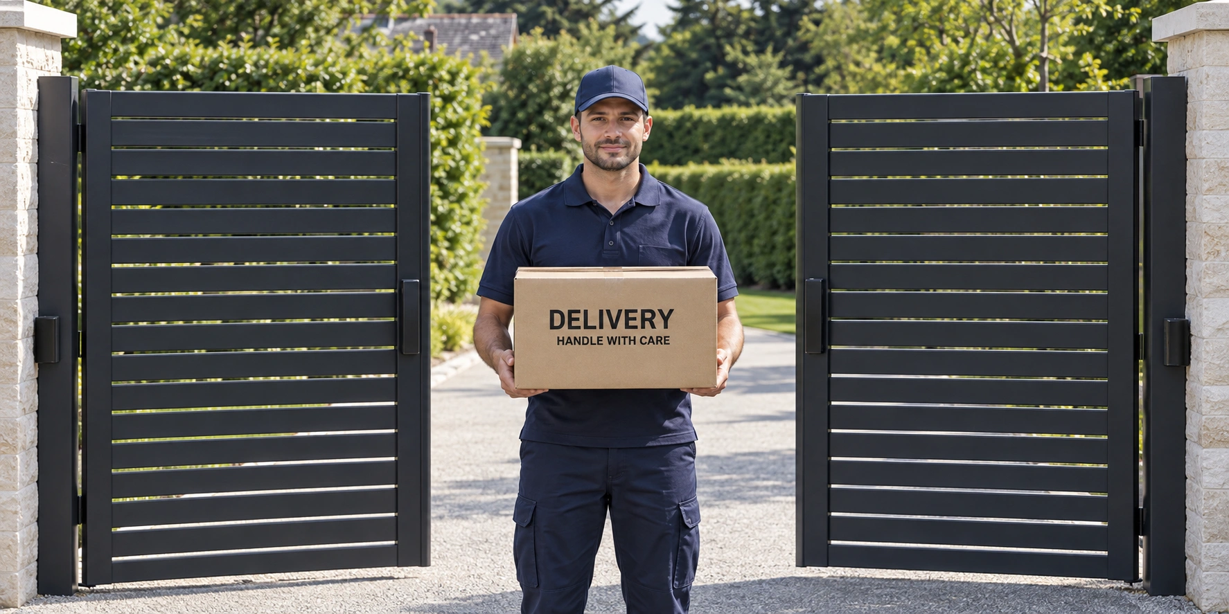 Illustrative sharp close-up of a delivery visitor with his full face, navy uniform and a parcel marked DELIVERY, between the entrance gates