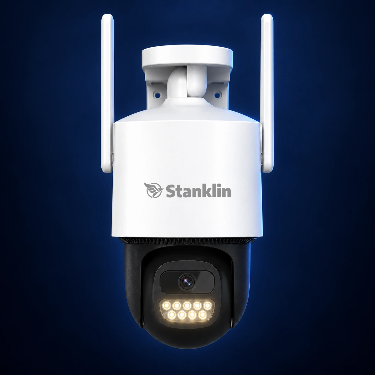 Outdoor pan-tilt camera front with warm white night-vision lights illuminated